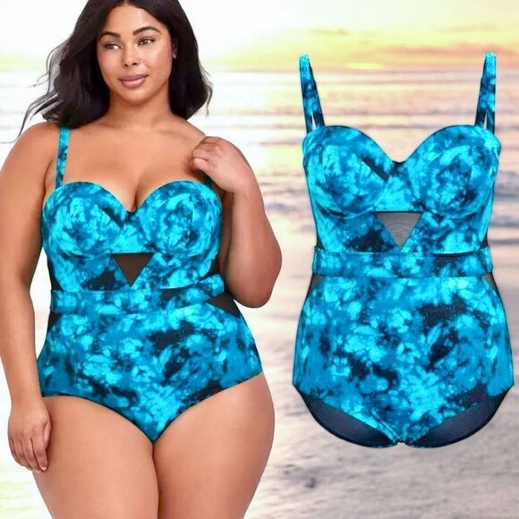 Torrid Teal Tie-Dye Mesh Inset One-Piece Swimsuit Size 3 3XL - Picture 1 of 15